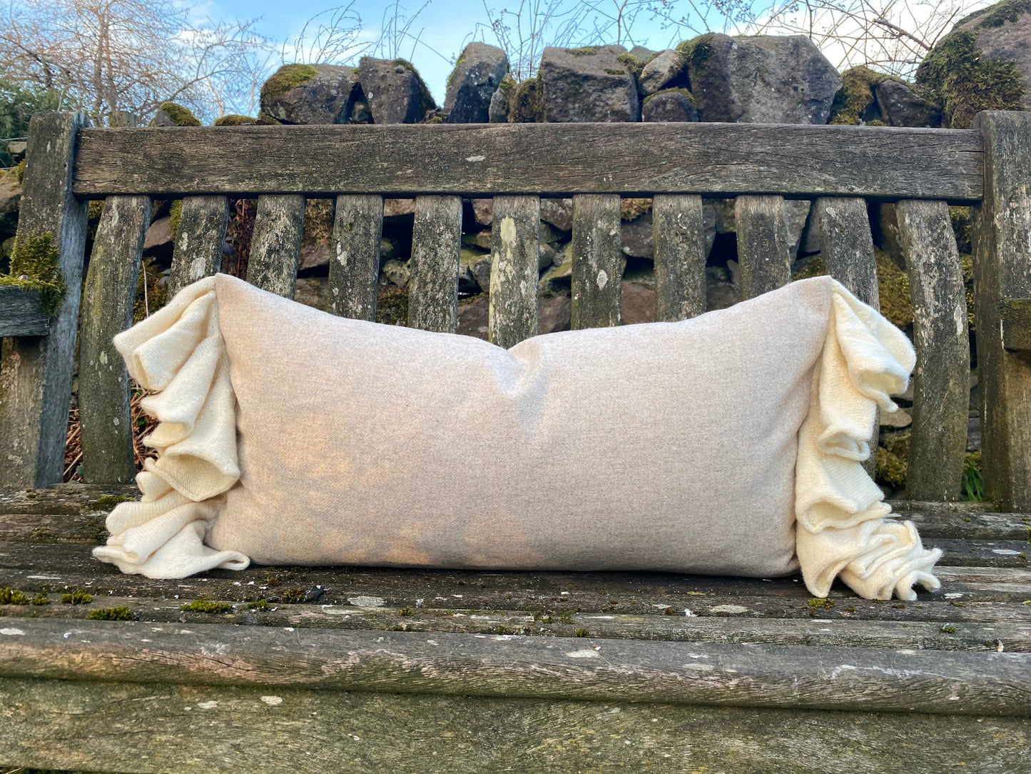 Stone and Cream Sleepy Frill Cushion – Limited Edition, Handcrafted