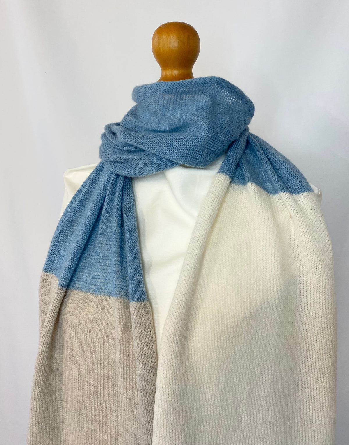 Beige, Blue and Cream Block Colour 70% Lambswool 30% Cashmere Scarf