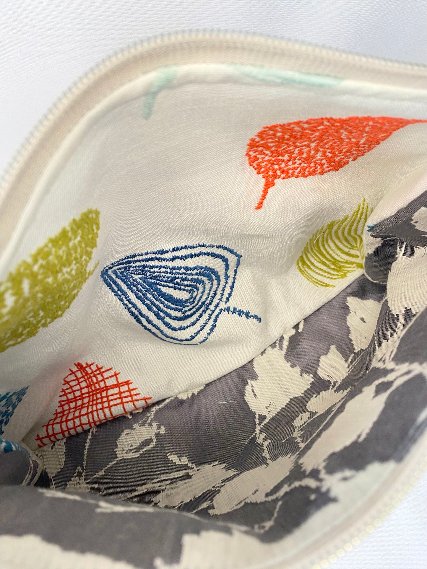 Embroidered Geometric and blue wool panel Cosmetic bag