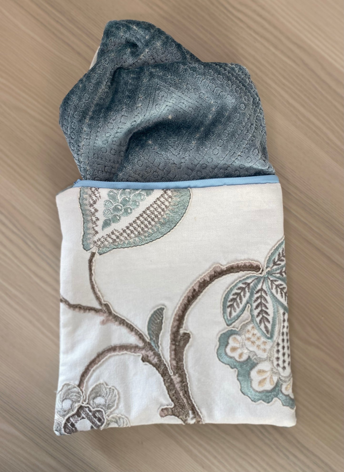 Velvet and Silk Travel Pouch - James Brindley Fabric with Embroidered Floral Design