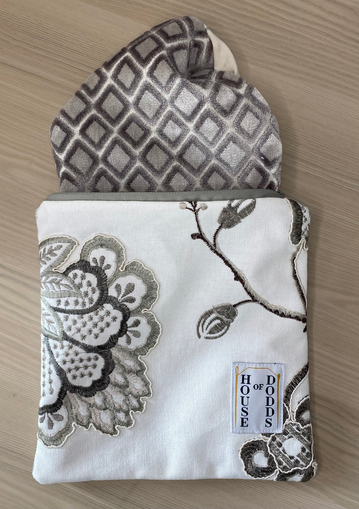 Velvet and Cotton Travel Pouch - Grey James Brindley Fabric with Embroidered Floral Design