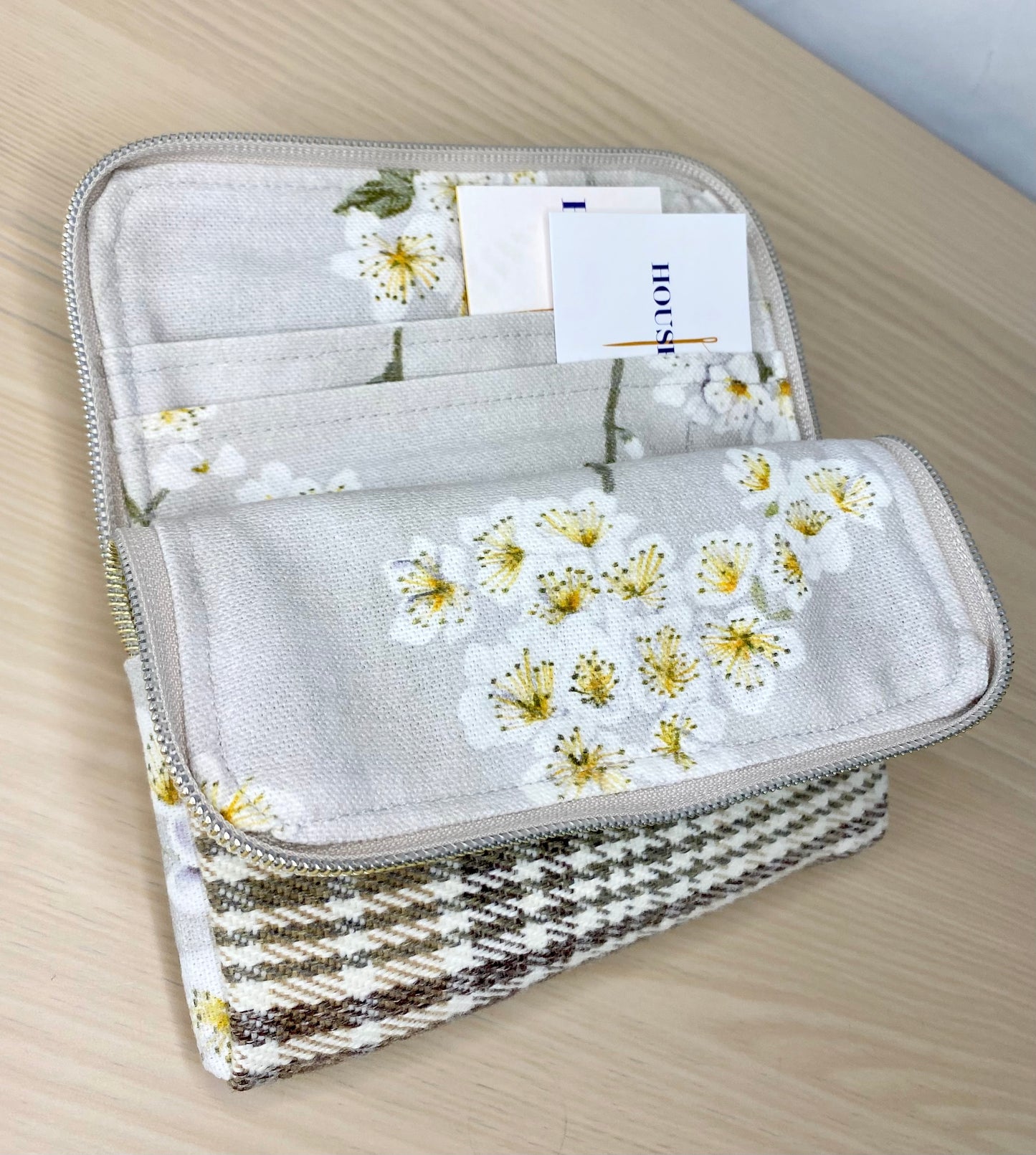 Cream Checked Purse with Floral Lining