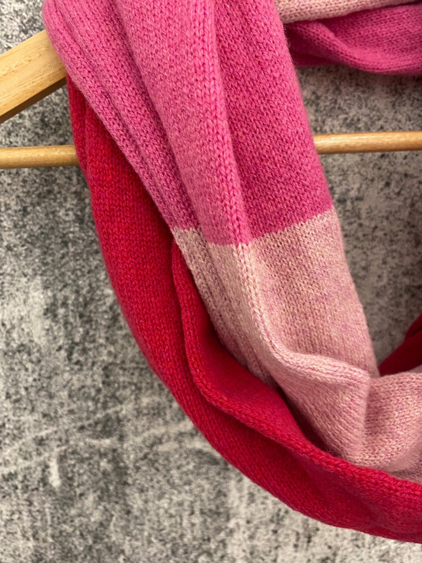 Lambswool Snood trio of pink tones: soft baby pink, vibrant hot pink, and rich cherry