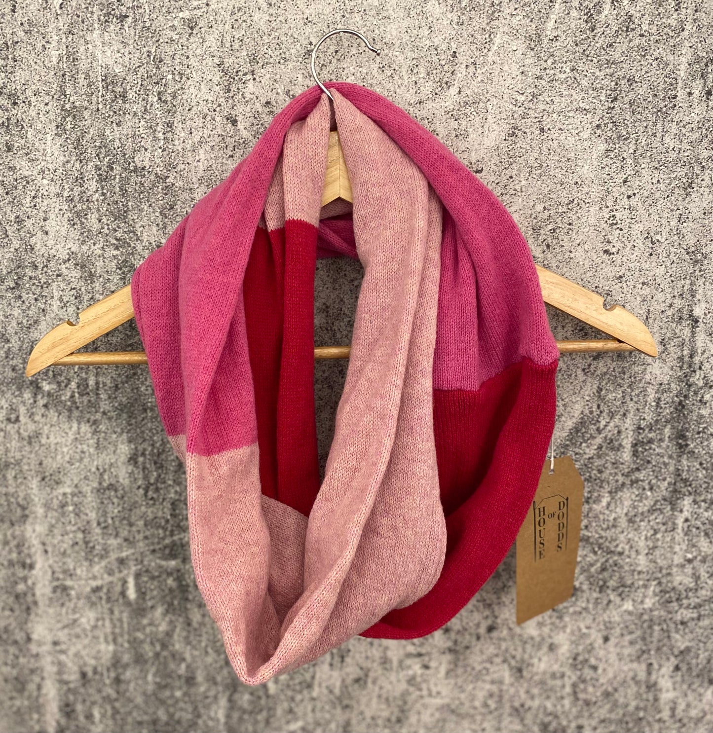 Lambswool Snood trio of pink tones: soft baby pink, vibrant hot pink, and rich cherry