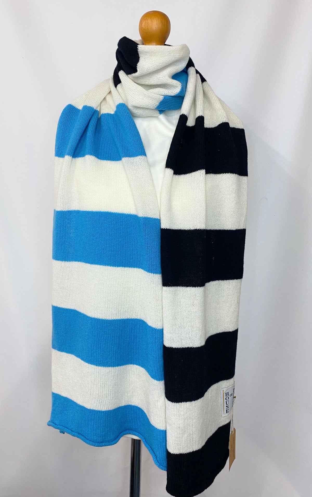 Clashing Stripes Black, white and Blue Scarf 100% Lambswool