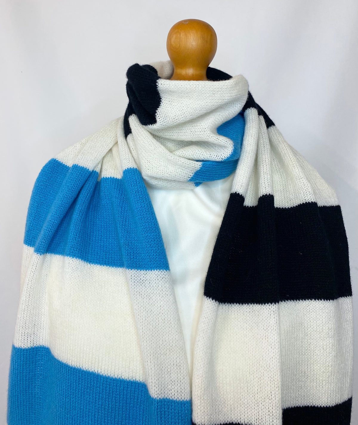 Clashing Stripes Black, white and Blue Scarf 100% Lambswool