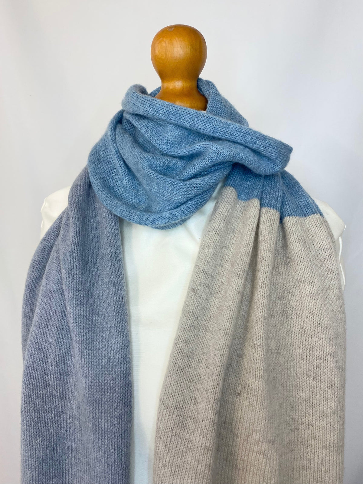 Beige, Blue and Grey Block Colour 70% Lambswool 30% Cashmere Scarf (Copy)