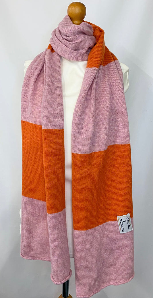 Blocked Striped Pink and Orange Scarf 100% Lambswool