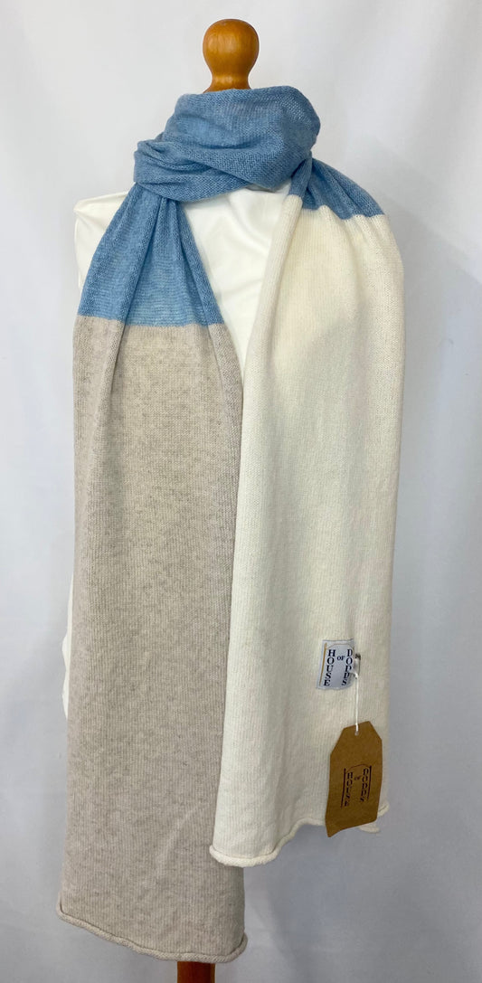 Beige, Blue and Cream Block Colour 70% Lambswool 30% Cashmere Scarf