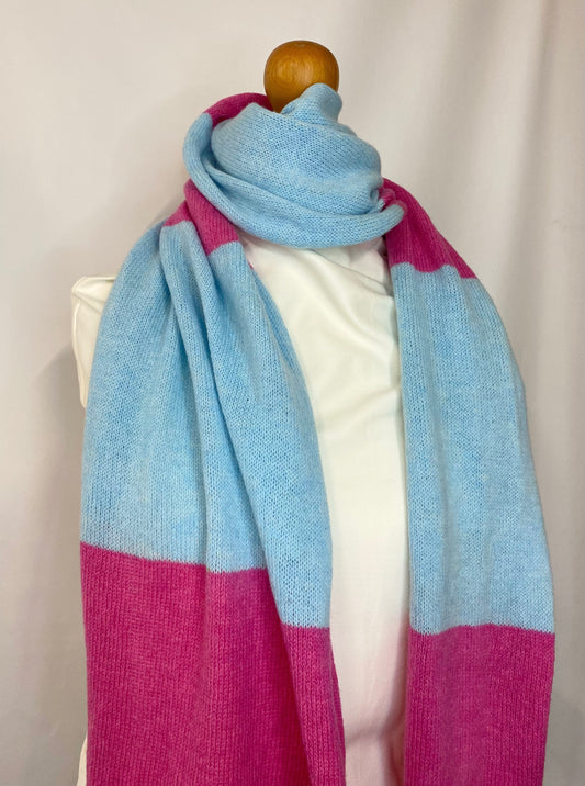 Block Striped Pink on Blue Scarf 100% Lambswool Classic