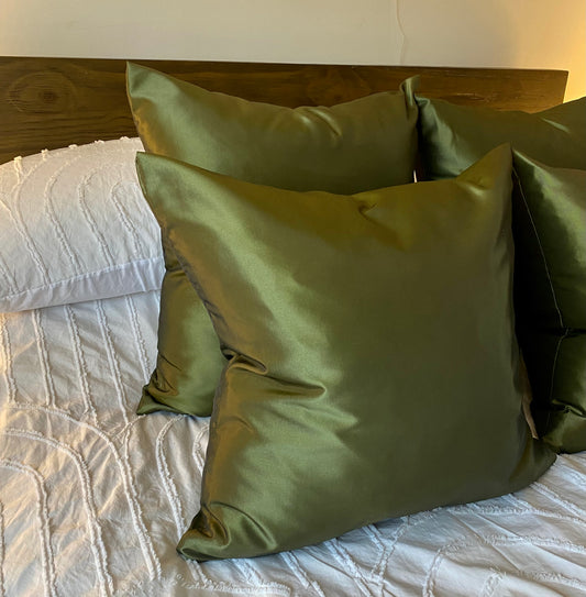 Deep Olive Green Silk Wrap-Over Cushion