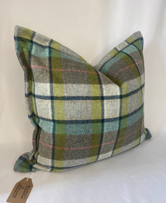 100% wool blue green tartan cushion