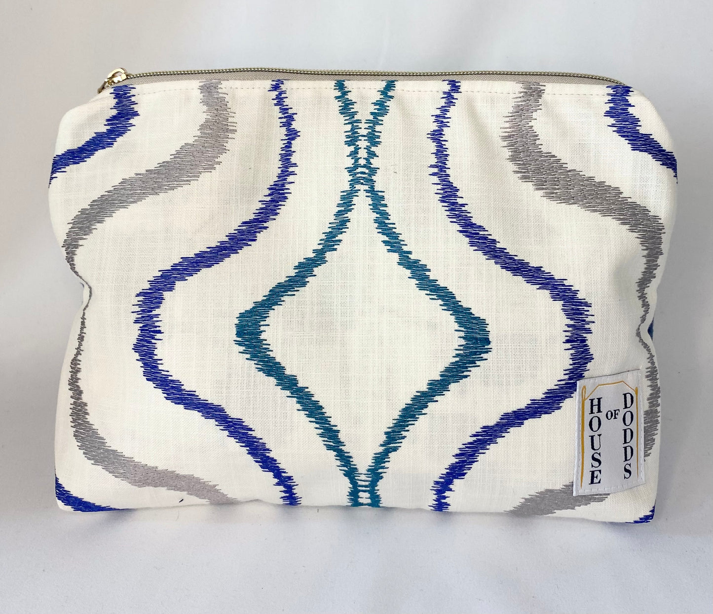 Embroidered Geometric and blue wool panel Cosmetic bag