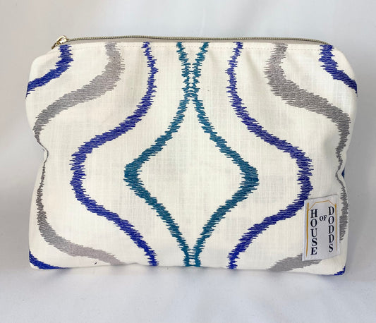 Embroidered Geometric and blue wool panel Cosmetic bag