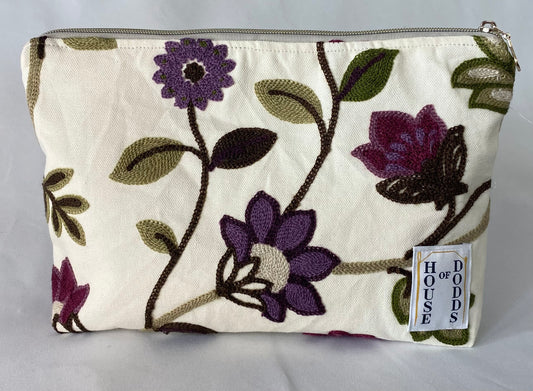 Purple Embroidered Floral Cosmetic bag with water resistant lining