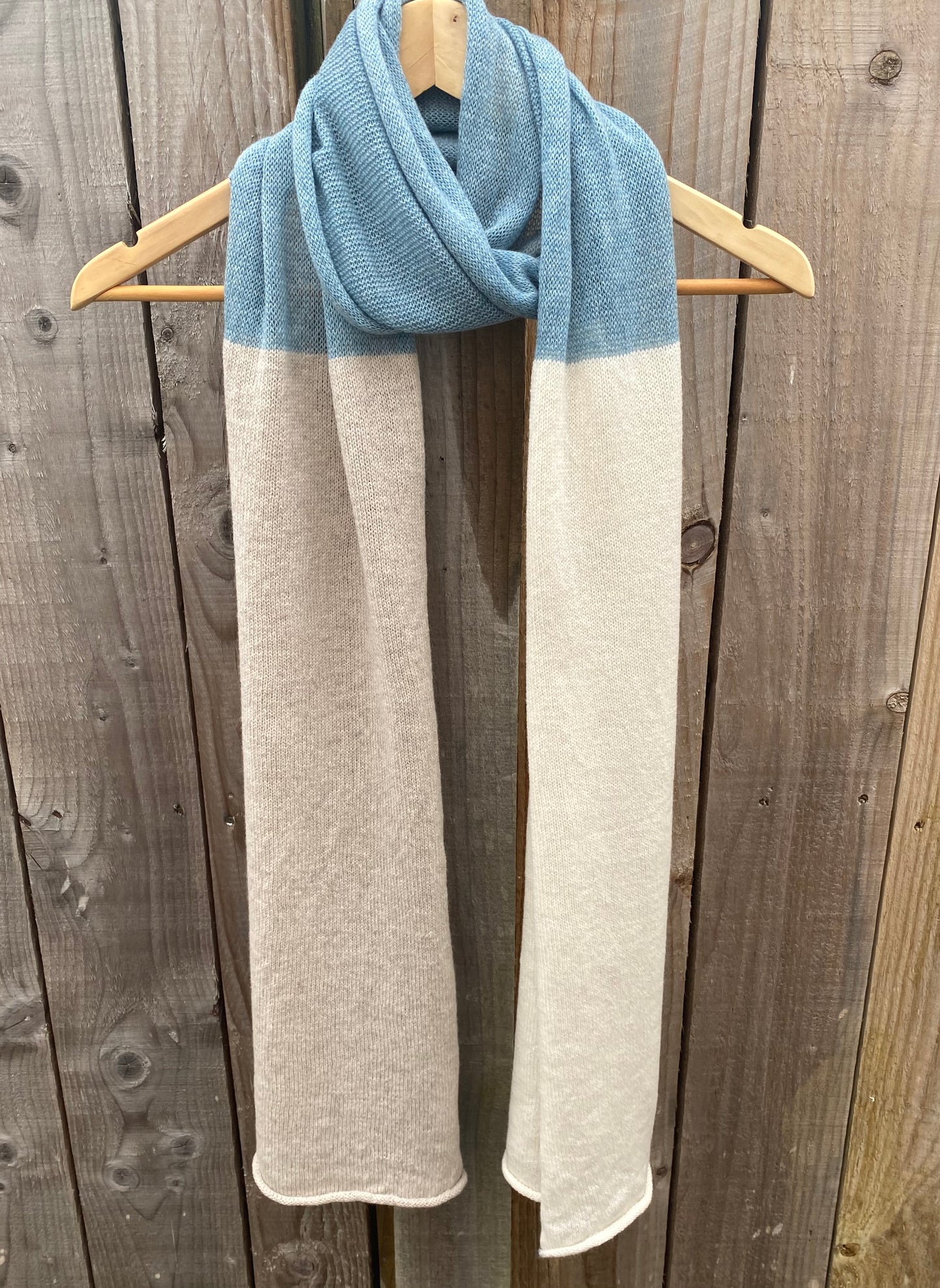 Beige, Blue and Cream Block Colour 70% Lambswool 30% Cashmere Scarf