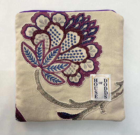 Floral Velvet and Silk Travel Pouch – Purple Embroidery with Luxurious Velvet Back