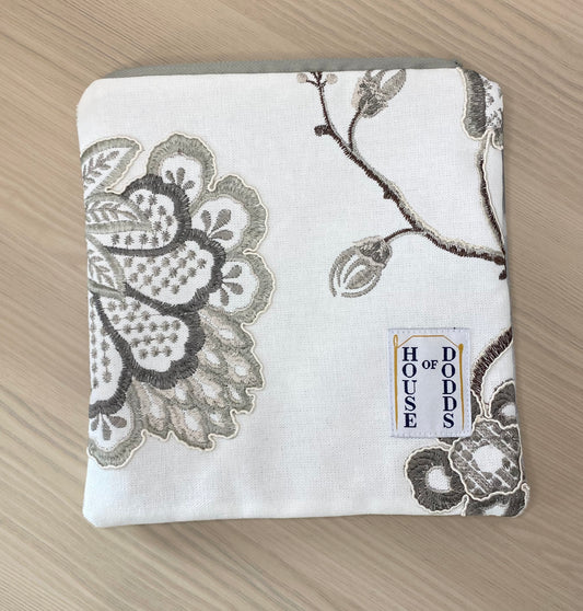 Velvet and Cotton Travel Pouch - Grey James Brindley Fabric with Embroidered Floral Design