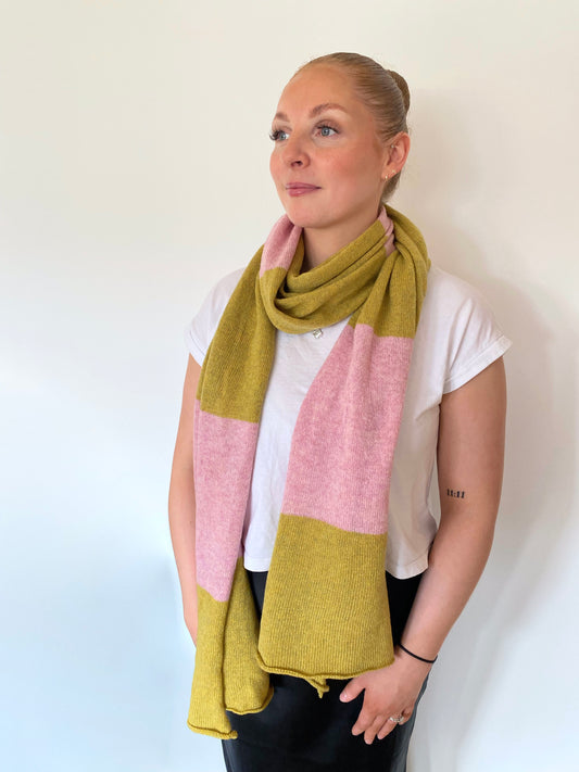 Blocked Striped Pink and Green Scarf 100% Lambswool